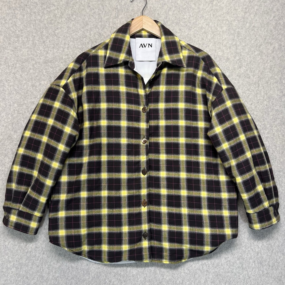 AVN Womens Plaid Overshirt Jacket Yellow Black Button Front Shacket M